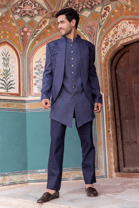 Buy_Amit Arora_Blue Corduroy, Cotton Embroidery, Metallic Hand Bandhgala Long Waistcoat Set _Online_at_Aza_Fashions