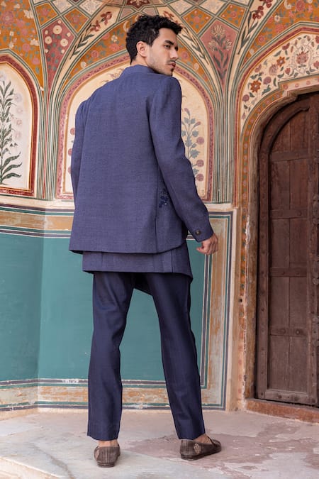 Shop_Amit Arora_Blue Corduroy, Cotton Embroidery, Metallic Hand Bandhgala Long Waistcoat Set _at_Aza_Fashions