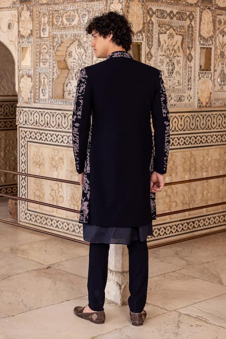 Shop_Amit Arora_Blue Modal, Polyester Embroidery Thread Hand Bandhgala Pant Set _at_Aza_Fashions