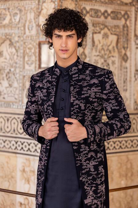 Buy_Amit Arora_Blue Modal, Polyester Embroidery Thread Hand Bandhgala Pant Set _Online_at_Aza_Fashions