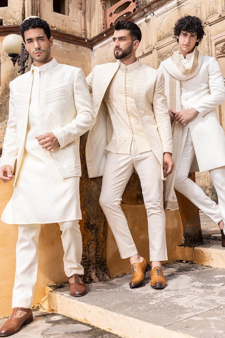 Amit Arora_Cream Cotton Beads, Embroidery Hand Bandhgala Pant Set _Online_at_Aza_Fashions