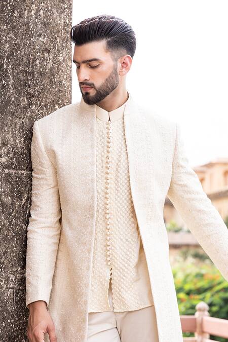 Buy_Amit Arora_Cream Cotton Beads, Embroidery Hand Bandhgala Pant Set _Online_at_Aza_Fashions