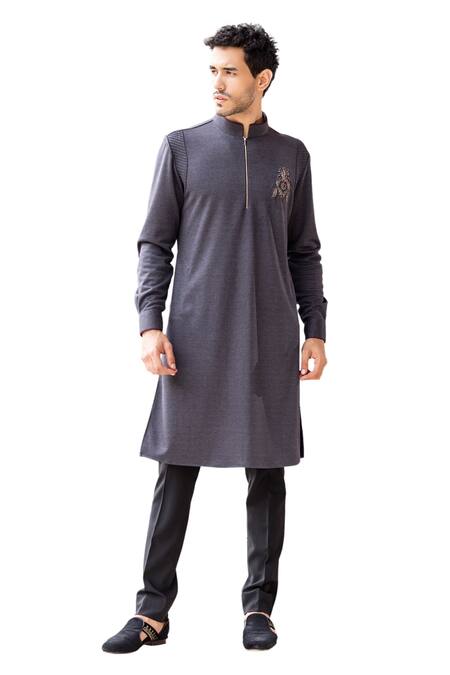 Amit Arora_Grey Lycra Beads, Brooches Hand Embroidered Kurta _Online_at_Aza_Fashions