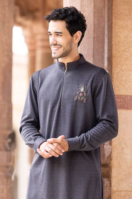 Buy_Amit Arora_Grey Lycra Beads, Brooches Hand Embroidered Kurta _Online_at_Aza_Fashions