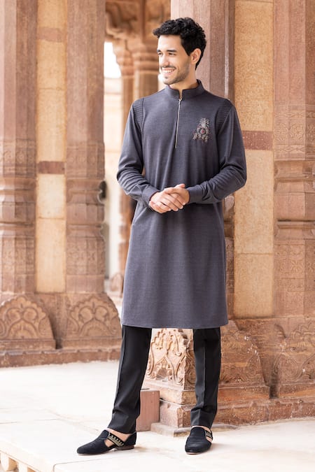 Shop_Amit Arora_Grey Lycra Beads, Brooches Hand Embroidered Kurta _at_Aza_Fashions