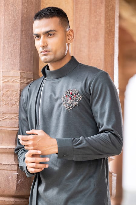 Shop_Amit Arora_Green Lycra Beads, Brooches Embellished Kurta _at_Aza_Fashions