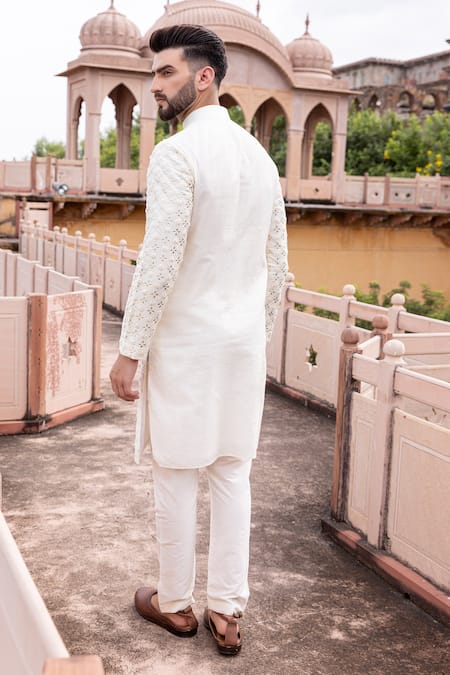 Shop_Amit Arora_Cream Mohair, Silk Embroidery, Metallic Thread Hand Kurta With Aligadhi _at_Aza_Fashions