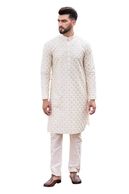 Amit Arora_Cream Mohair, Silk Embroidery, Metallic Thread Hand Kurta With Aligadhi _Online_at_Aza_Fashions