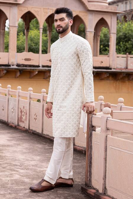 Buy_Amit Arora_Cream Mohair, Silk Embroidery, Metallic Thread Hand Kurta With Aligadhi _Online_at_Aza_Fashions