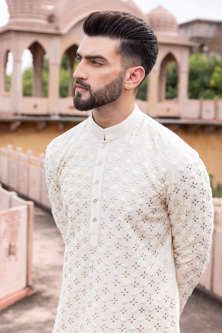 Shop_Amit Arora_Cream Mohair, Silk Embroidery, Metallic Thread Hand Kurta With Aligadhi _Online_at_Aza_Fashions