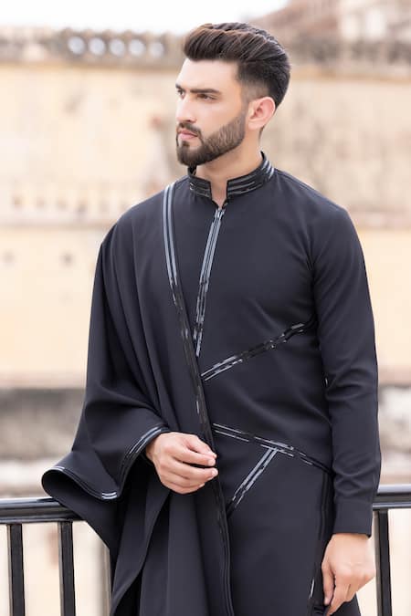 Shop_Amit Arora_Black Polyester Embroidery Tape Hand Kurta Set With Stole _at_Aza_Fashions