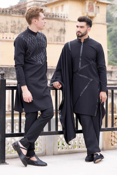 Amit Arora_Black Polyester Embroidery Tape Hand Kurta Set With Stole _Online_at_Aza_Fashions