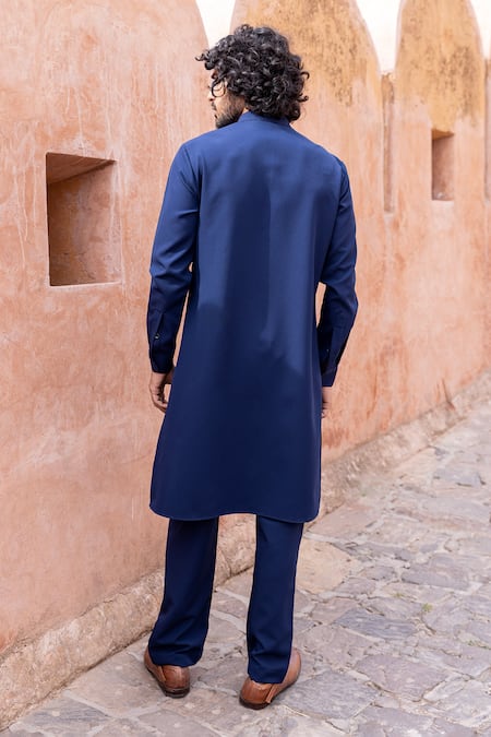 Shop_Amit Arora_Blue Polyester Embroidery Tape Hand Kurta With Aligadhi _at_Aza_Fashions