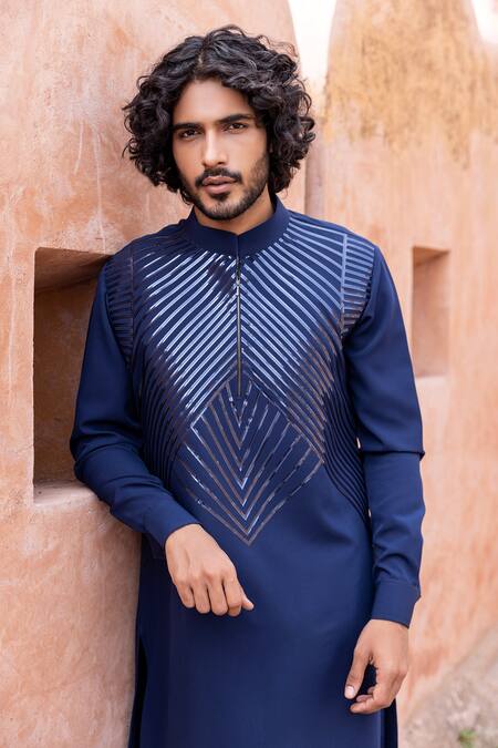 Amit Arora_Blue Polyester Embroidery Tape Hand Kurta With Aligadhi _Online_at_Aza_Fashions