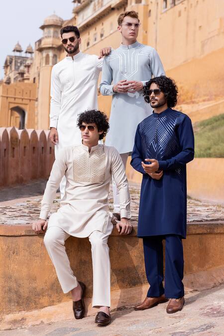 Buy_Amit Arora_Blue Polyester Embroidery Tape Hand Kurta With Aligadhi _Online_at_Aza_Fashions