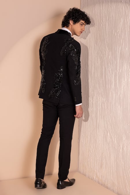 Shop Amit Arora Black Kota Doria Sequins Astron Embellished Tuxedo With Pant at Aza Fashions Shop_Amit Arora_Black Kota Doria Sequins Astron Embellished Tuxedo With Pant _at_Aza_Fashions