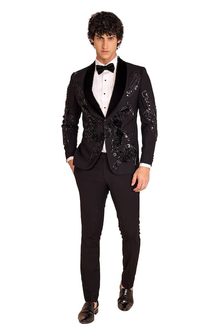 Shop Amit Arora Black Kota Doria Sequins Astron Embellished Tuxedo With Pant Online at Aza Fashions Shop_Amit Arora_Black Kota Doria Sequins Astron Embellished Tuxedo With Pant _Online_at_Aza_Fashions