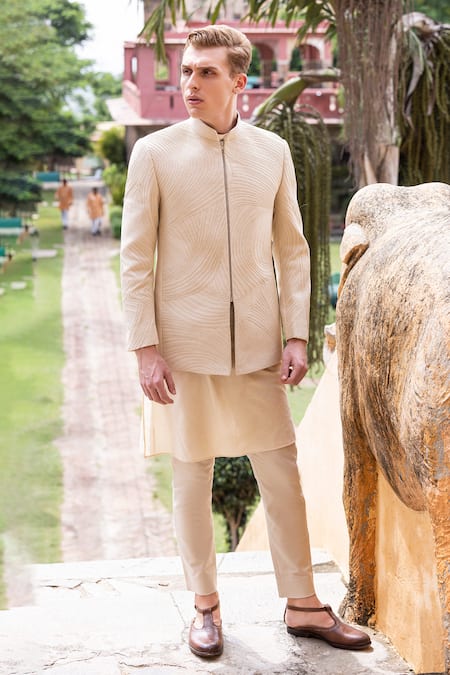 Amit Arora_Beige , Satin Embroidery Leather Dori Bandhgala Set _Online_at_Aza_Fashions