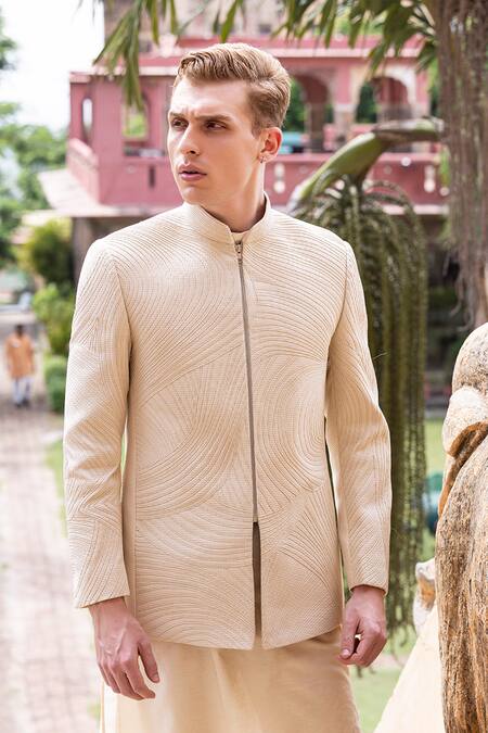 Buy_Amit Arora_Beige , Satin Embroidery Leather Dori Bandhgala Set _Online_at_Aza_Fashions