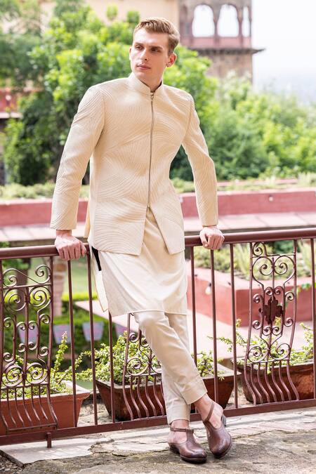 Buy_Amit Arora_Beige , Satin Embroidery Leather Dori Bandhgala Set 