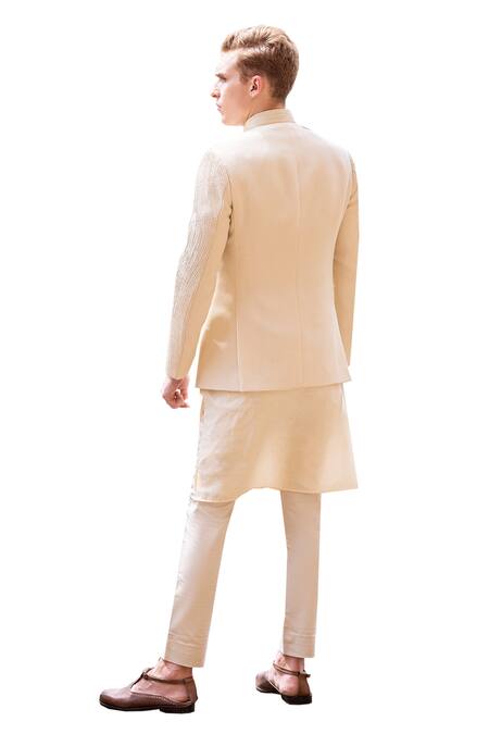 Shop_Amit Arora_Beige , Satin Embroidery Leather Dori Bandhgala Set 