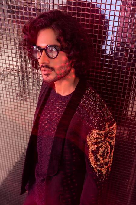 Amit Arora Black Cotton, Denim Embroidery, Metallic Thread Sleeves Blazer Pant Set Online at Aza Fashions Amit Arora_Black Cotton, Denim Embroidery, Metallic Thread Sleeves Blazer Pant Set _Online_at_Aza_Fashions