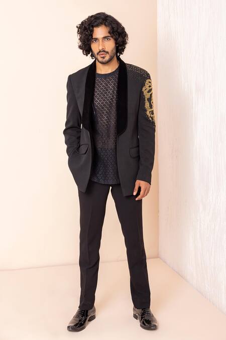 Buy Amit Arora Black Cotton, Denim Embroidery, Metallic Thread Sleeves Blazer Pant Set Online at Aza Fashions Buy_Amit Arora_Black Cotton, Denim Embroidery, Metallic Thread Sleeves Blazer Pant Set _Online_at_Aza_Fashions