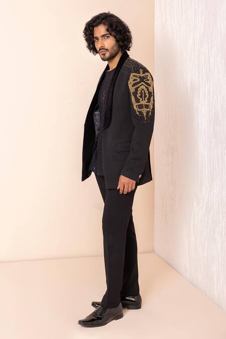 Amit Arora Black Cotton, Denim Embroidery, Metallic Thread Sleeves Blazer Pant Set at Aza Fashions Amit Arora_Black Cotton, Denim Embroidery, Metallic Thread Sleeves Blazer Pant Set _at_Aza_Fashions