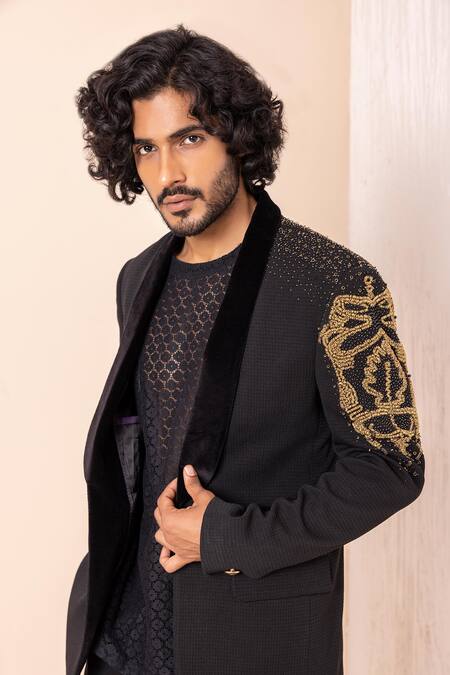 Buy Amit Arora Black Cotton, Denim Embroidery, Metallic Thread Sleeves Blazer Pant Set Buy_Amit Arora_Black Cotton, Denim Embroidery, Metallic Thread Sleeves Blazer Pant Set
