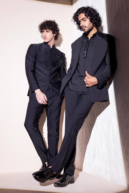 Amit Arora_Black Kota Doria Sequins Ionic Embroidered Coat Pant Set _Online_at_Aza_Fashions