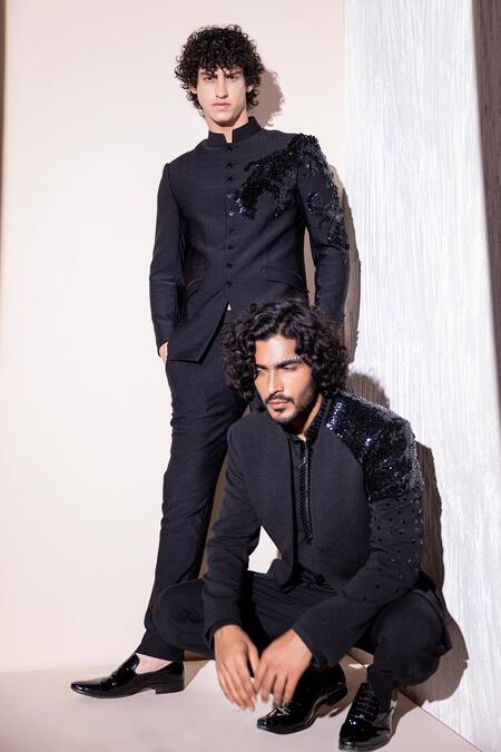 Buy_Amit Arora_Black Kota Doria Sequins Ionic Embroidered Coat Pant Set _Online_at_Aza_Fashions