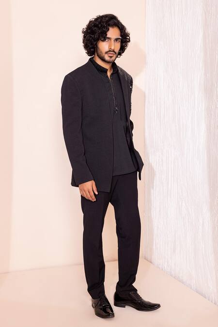 Shop_Amit Arora_Black Kota Doria Sequins Ionic Embroidered Coat Pant Set _Online_at_Aza_Fashions