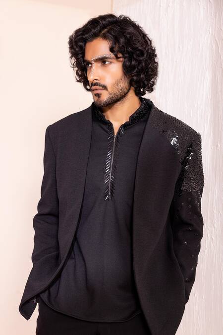 Buy_Amit Arora_Black Kota Doria Sequins Ionic Embroidered Coat Pant Set 