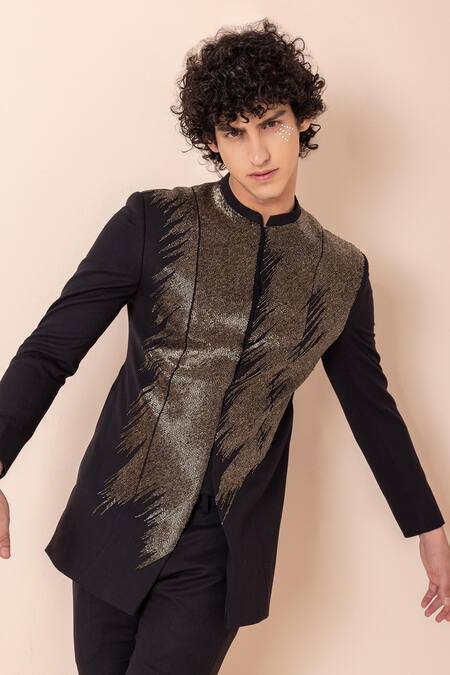 Buy_Amit Arora_Black Twill Cut Work Greko Cutdana Embroidered Jodhpuri Bandhgala With Pant _Online_at_Aza_Fashions