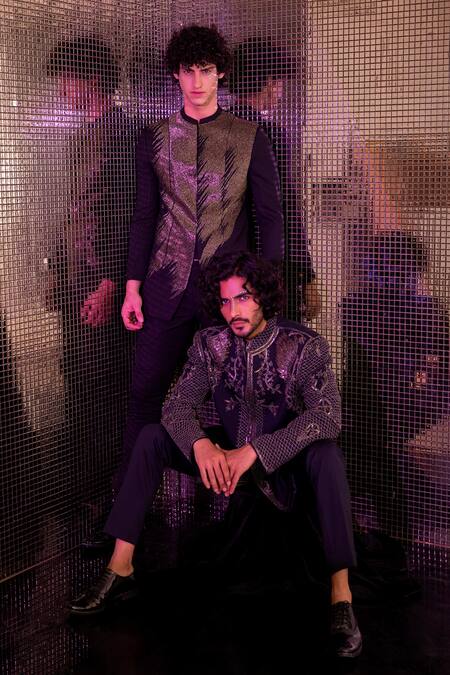 Shop_Amit Arora_Black Twill Cut Work Greko Cutdana Embroidered Jodhpuri Bandhgala With Pant _Online_at_Aza_Fashions