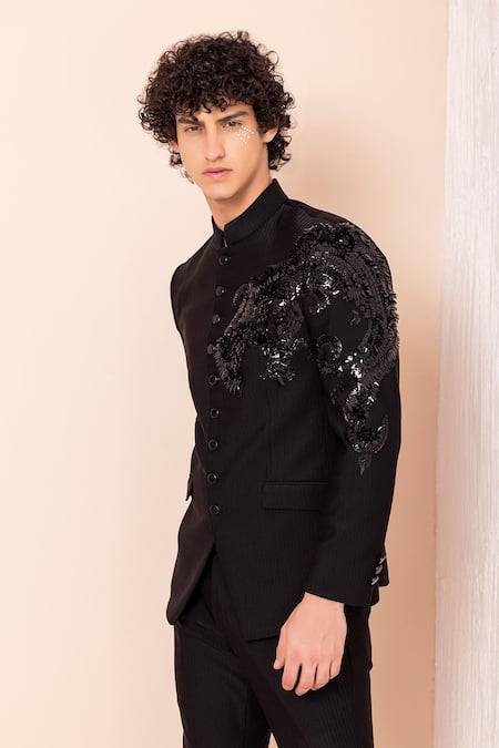 Buy Amit Arora Black Knit Sequins Dragon Embellished Bandhgala And Pant Online at Aza Fashions Buy_Amit Arora_Black Knit Sequins Dragon Embellished Bandhgala And Pant _Online_at_Aza_Fashions