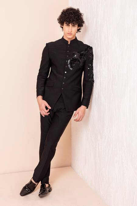 Shop Amit Arora Black Knit Sequins Dragon Embellished Bandhgala And Pant Online at Aza Fashions Shop_Amit Arora_Black Knit Sequins Dragon Embellished Bandhgala And Pant _Online_at_Aza_Fashions