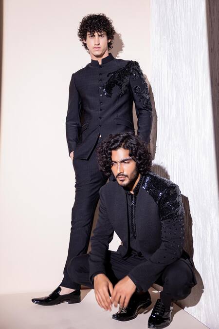Amit Arora Black Knit Sequins Dragon Embellished Bandhgala And Pant at Aza Fashions Amit Arora_Black Knit Sequins Dragon Embellished Bandhgala And Pant _at_Aza_Fashions
