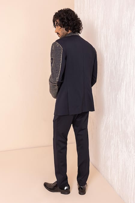 Shop_Amit Arora_Blue Lycra Metallic Thread Crest Embroidered Jodhpuri Bandhgala With Pant _at_Aza_Fashions