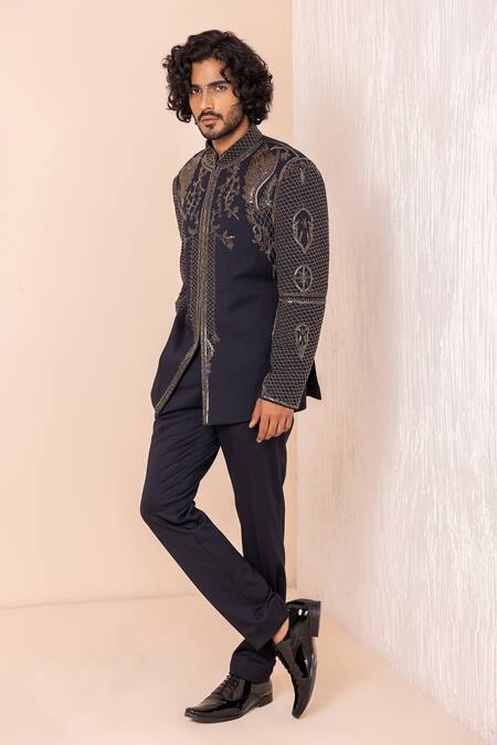 Shop_Amit Arora_Blue Lycra Metallic Thread Crest Embroidered Jodhpuri Bandhgala With Pant _Online_at_Aza_Fashions