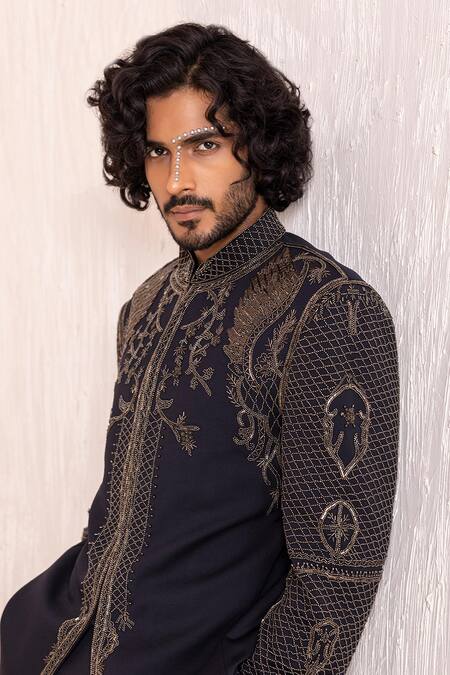 Amit Arora_Blue Lycra Metallic Thread Crest Embroidered Jodhpuri Bandhgala With Pant _at_Aza_Fashions
