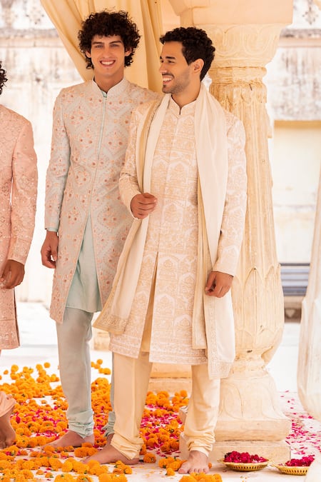 Amit Arora_Cream Silk, Cotton Embroidery Gullista Sherwani Set _Online_at_Aza_Fashions