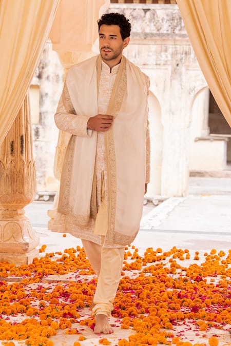 Shop_Amit Arora_Cream Silk, Cotton Embroidery Gullista Sherwani Set _Online_at_Aza_Fashions