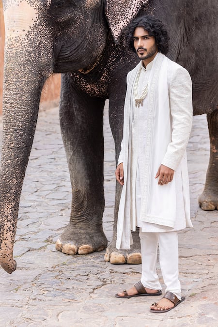 Shop_Amit Arora_Ivory Silk, Cotton Embroidery Bahar Sherwani Set _at_Aza_Fashions