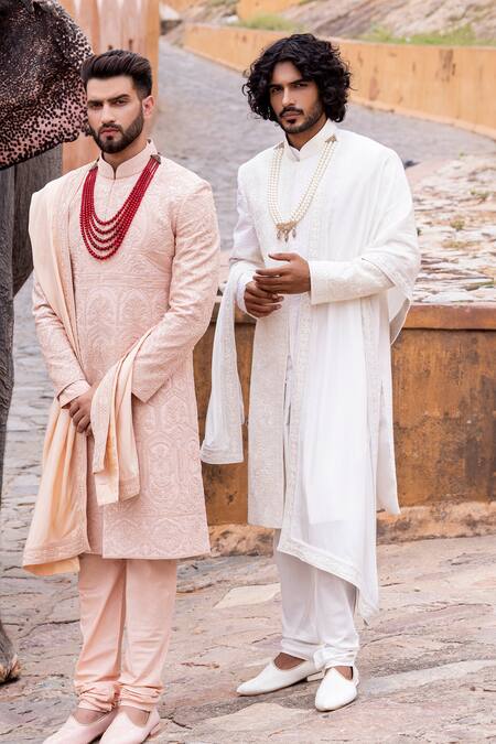 Buy_Amit Arora_Ivory Silk, Cotton Embroidery Bahar Sherwani Set _Online_at_Aza_Fashions
