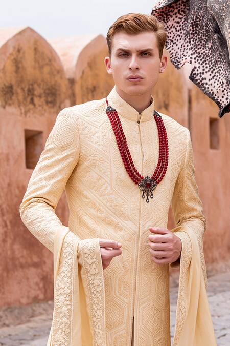 Shop Amit Arora Yellow , Cotton, Satin Embroidery Gulbahar Sherwani Set Online at Aza Fashions Shop_Amit Arora_Yellow , Cotton, Satin Embroidery Gulbahar Sherwani Set _Online_at_Aza_Fashions