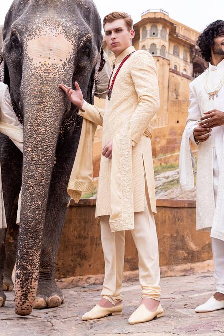 Buy Amit Arora Yellow , Cotton, Satin Embroidery Gulbahar Sherwani Set Buy_Amit Arora_Yellow , Cotton, Satin Embroidery Gulbahar Sherwani Set