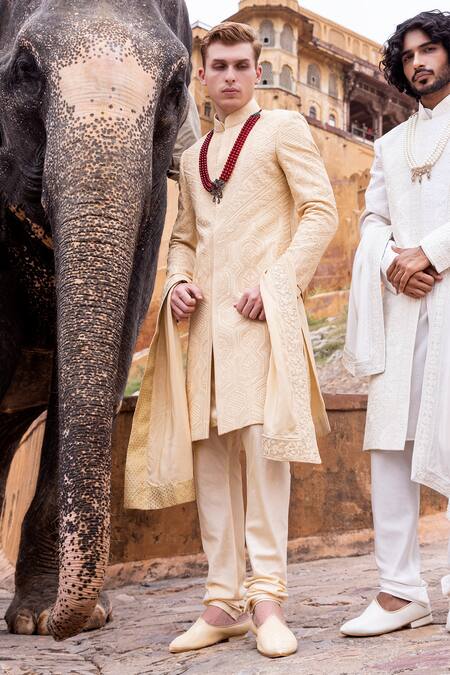 Shop Amit Arora Yellow , Cotton, Satin Embroidery Gulbahar Sherwani Set Shop_Amit Arora_Yellow , Cotton, Satin Embroidery Gulbahar Sherwani Set