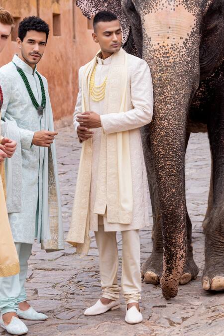 Shop Amit Arora Gold , Cotton, Organza Embroidery Hexagon Phool Sherwani Set Online at Aza Fashions Shop_Amit Arora_Gold , Cotton, Organza Embroidery Hexagon Phool Sherwani Set _Online_at_Aza_Fashions