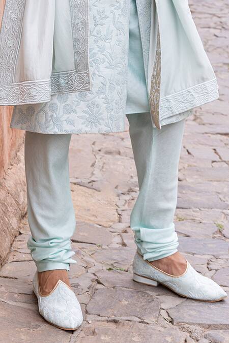 Amit Arora_Blue Silk, Cotton Embroidery Mor Bagh Sherwani Set _Online_at_Aza_Fashions
